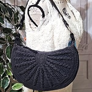 St. John Made in Italy NWT Crochet and Leather Gray/Black Shoulder Bag